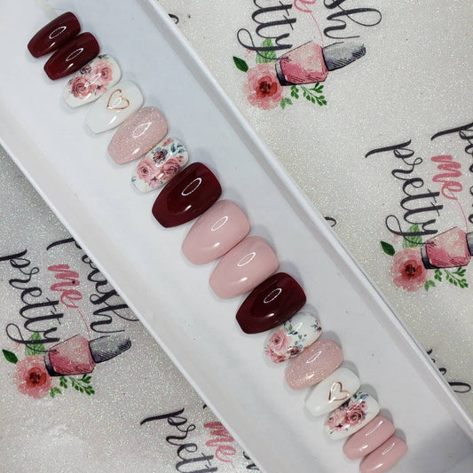 Valentine's Day Pale Pink, Dark Red and White Nails Glitter, Rose Gold Hearts and Floral . Handpainted, Accent Nails, Press On, False, Fake