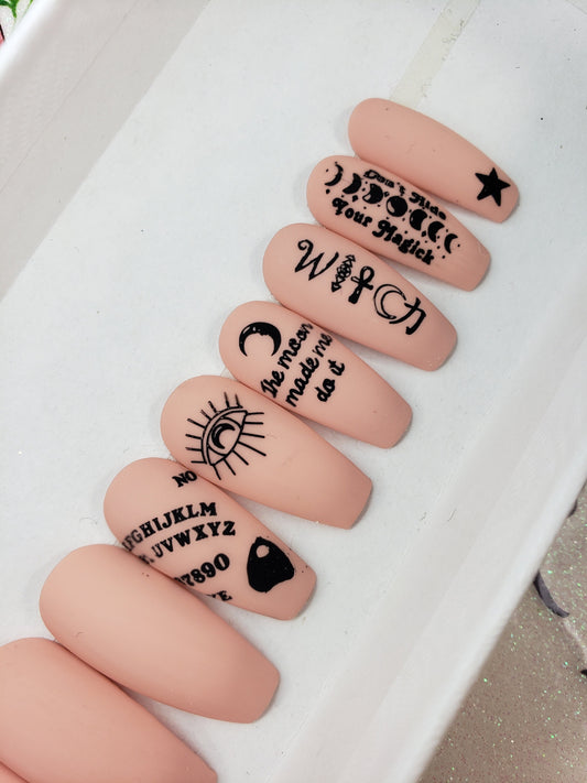 Matte Nude Witchy Design Ouija Board, Witch, Moon Made Me Do It Stamps...Handpainted Custom False Nails Fake Nails Press On Nails