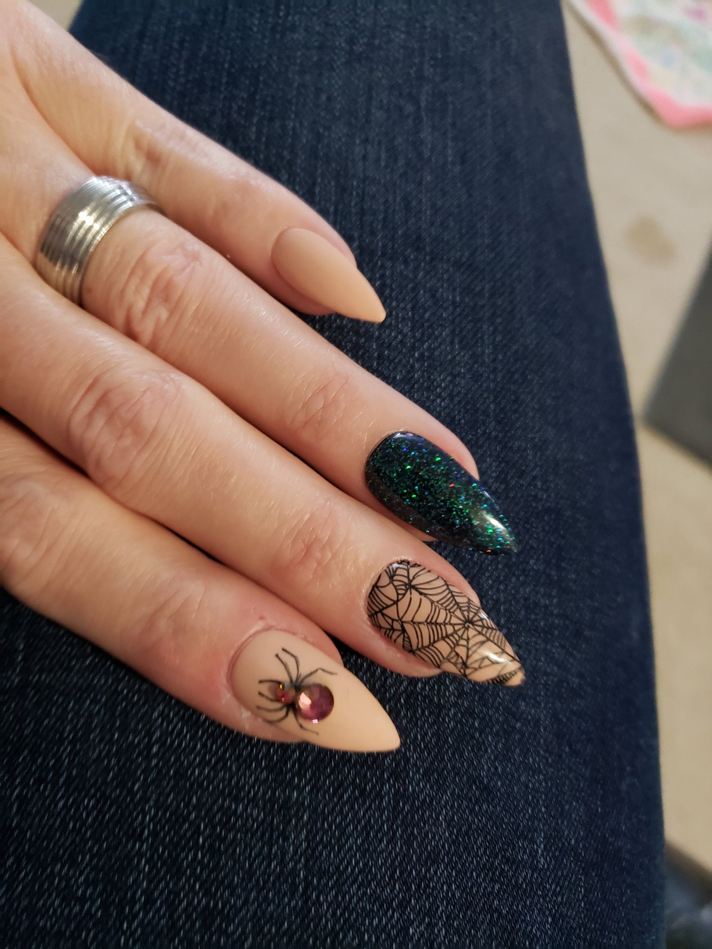 Rhinestone Spider Webs, Nude Halloween Glitter Nails ..Press On Nails, False, Fake Nails Glue Ons
