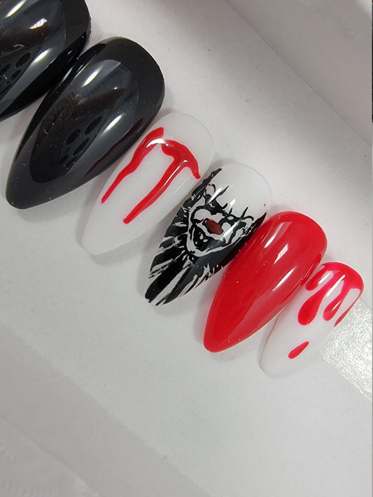 Horror Movie Nails, It, Horror Clown Angry Clown Pennywise...Press On Nails, False, Fake Nails Glue Ons