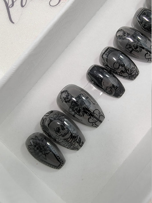 Smokey Gray See-Through Nails with Black Skull Stamps Halloween Nails ..Press On Nails, False, Fake Nails Glue Ons