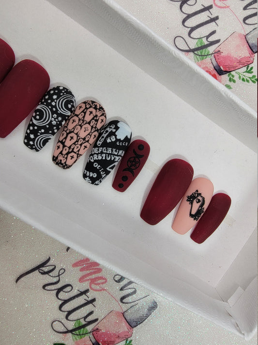 Witchy, Ouija Board, Supernatural, Halloween Nails! Dark Red, Matte Nails Handpainted Custom False Nails Fake Nails Press On Nails