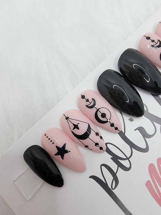Witchy Vibes, Stars, Moons, Nude and Black Halloween Nails.Press On Nails, False, Fake Nails Glue Ons