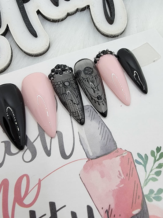 Pink and Black Stamped Clear Black Nails with Rhinestones Nails, Glitter Nails Custom False Nails Fake Nails Press On Nails