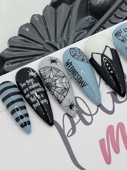 Wednesday Addams, Nevermore, Tim Burton Press On Nails, False, Fake Nails Glue Ons