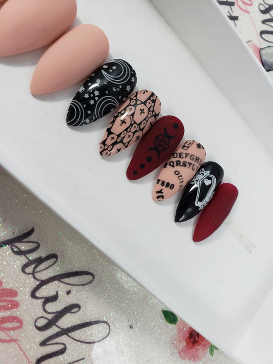 Witchy, Ouija Board, Supernatural, Halloween Nails!  Nude and Dark Red, Matte Nails Handpainted Custom False Nails Fake Nails Press On Nails