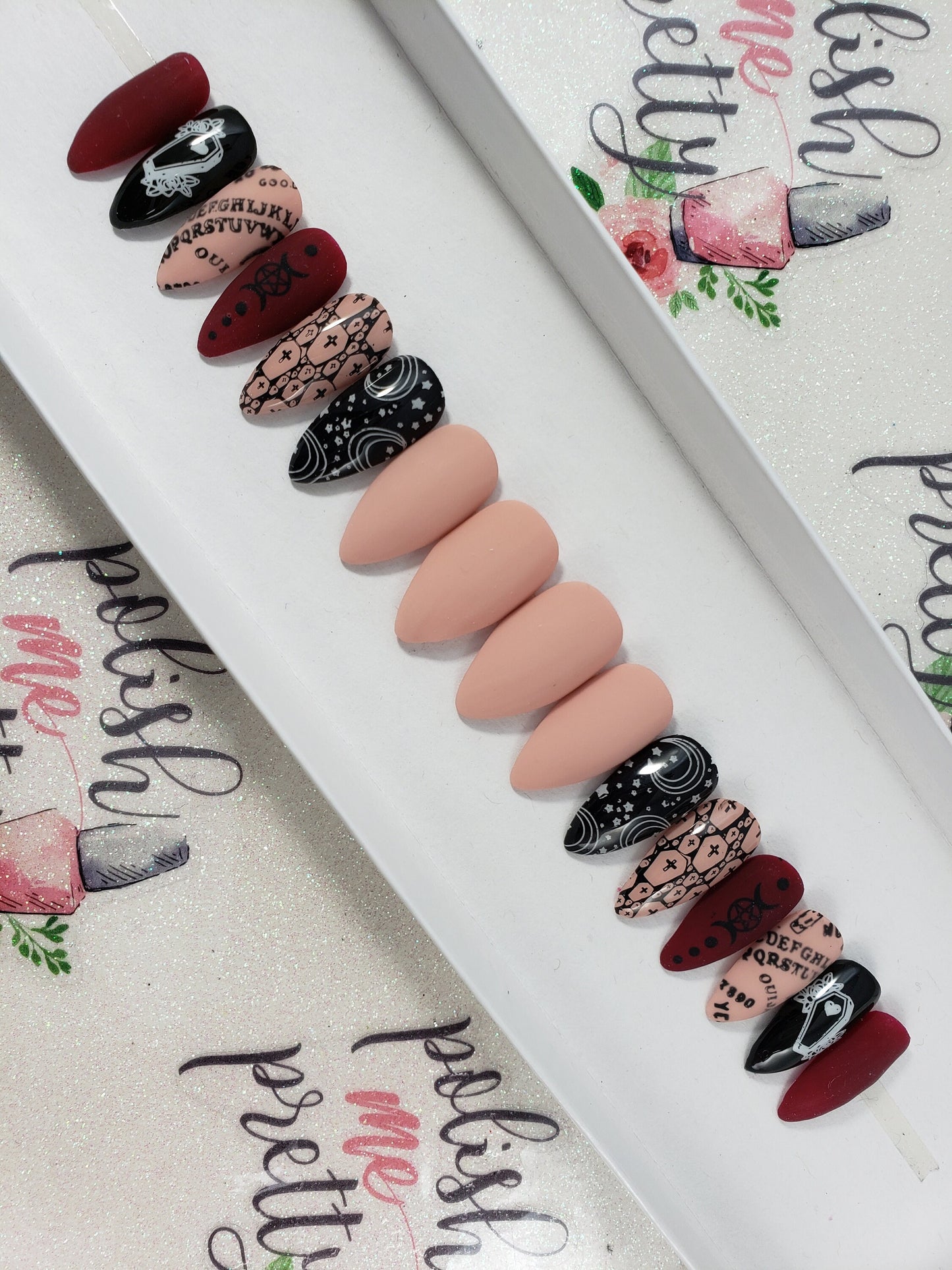 Witchy, Ouija Board, Supernatural, Halloween Nails!  Nude and Dark Red, Matte Nails Handpainted Custom False Nails Fake Nails Press On Nails