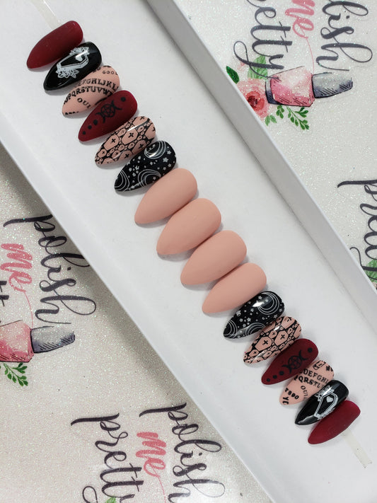 Witchy, Ouija Board, Supernatural, Halloween Nails!  Nude and Dark Red, Matte Nails Handpainted Custom False Nails Fake Nails Press On Nails