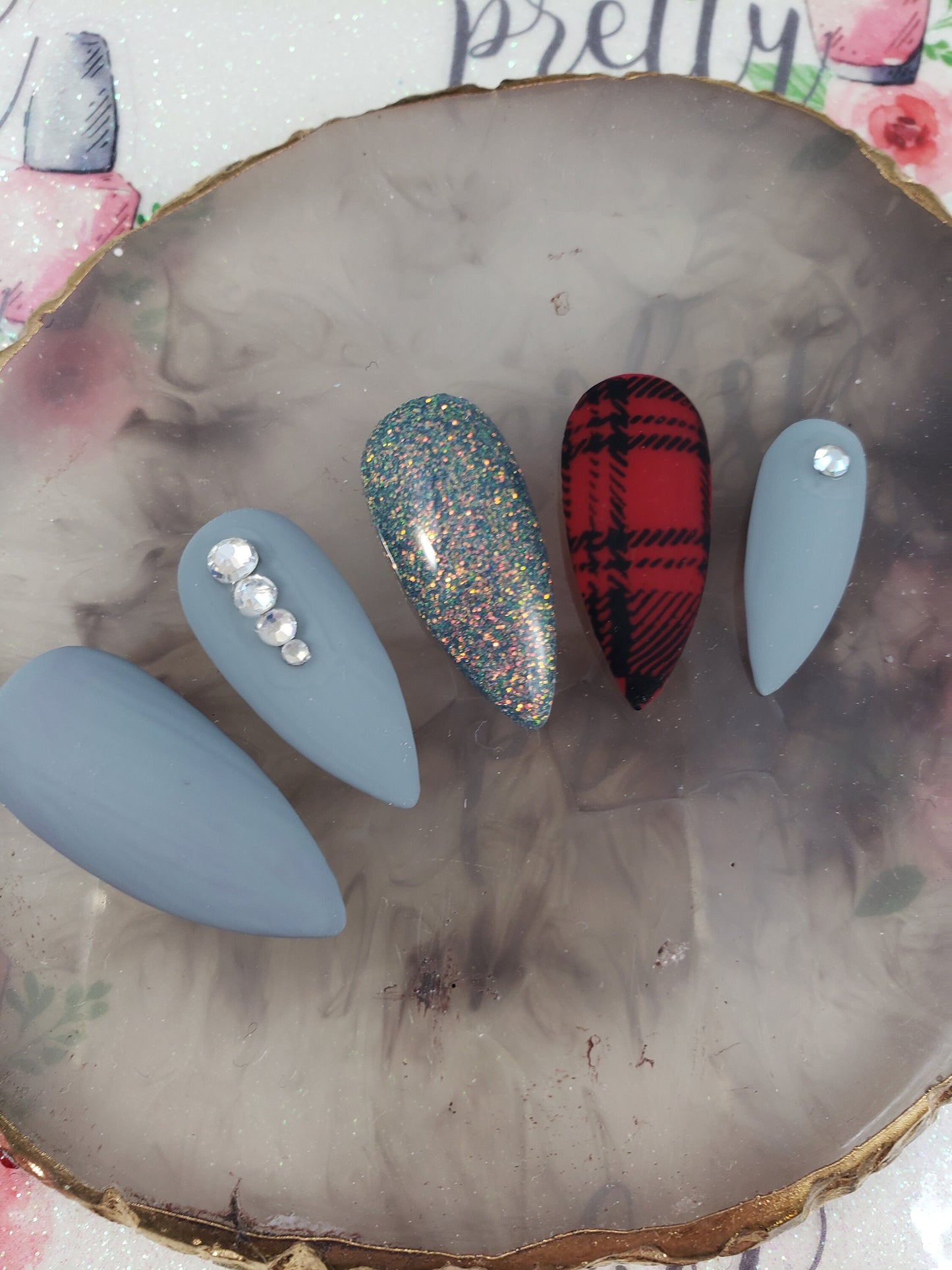Christmas Nails!  Matte Gray and Red with Buffalo Plaid and Glitter accents!  Handpainted Custom False Nails Fake Nails Press On Nails