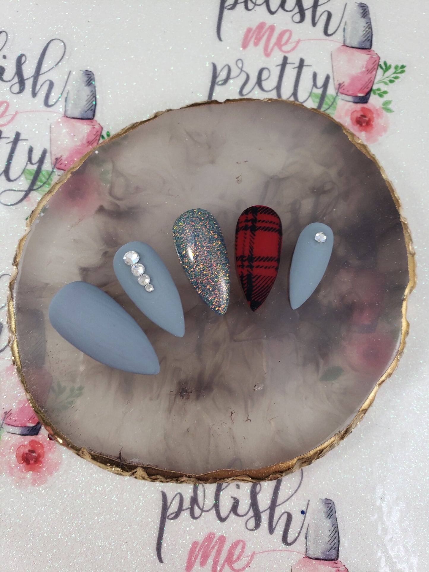 Christmas Nails!  Matte Gray and Red with Buffalo Plaid and Glitter accents!  Handpainted Custom False Nails Fake Nails Press On Nails