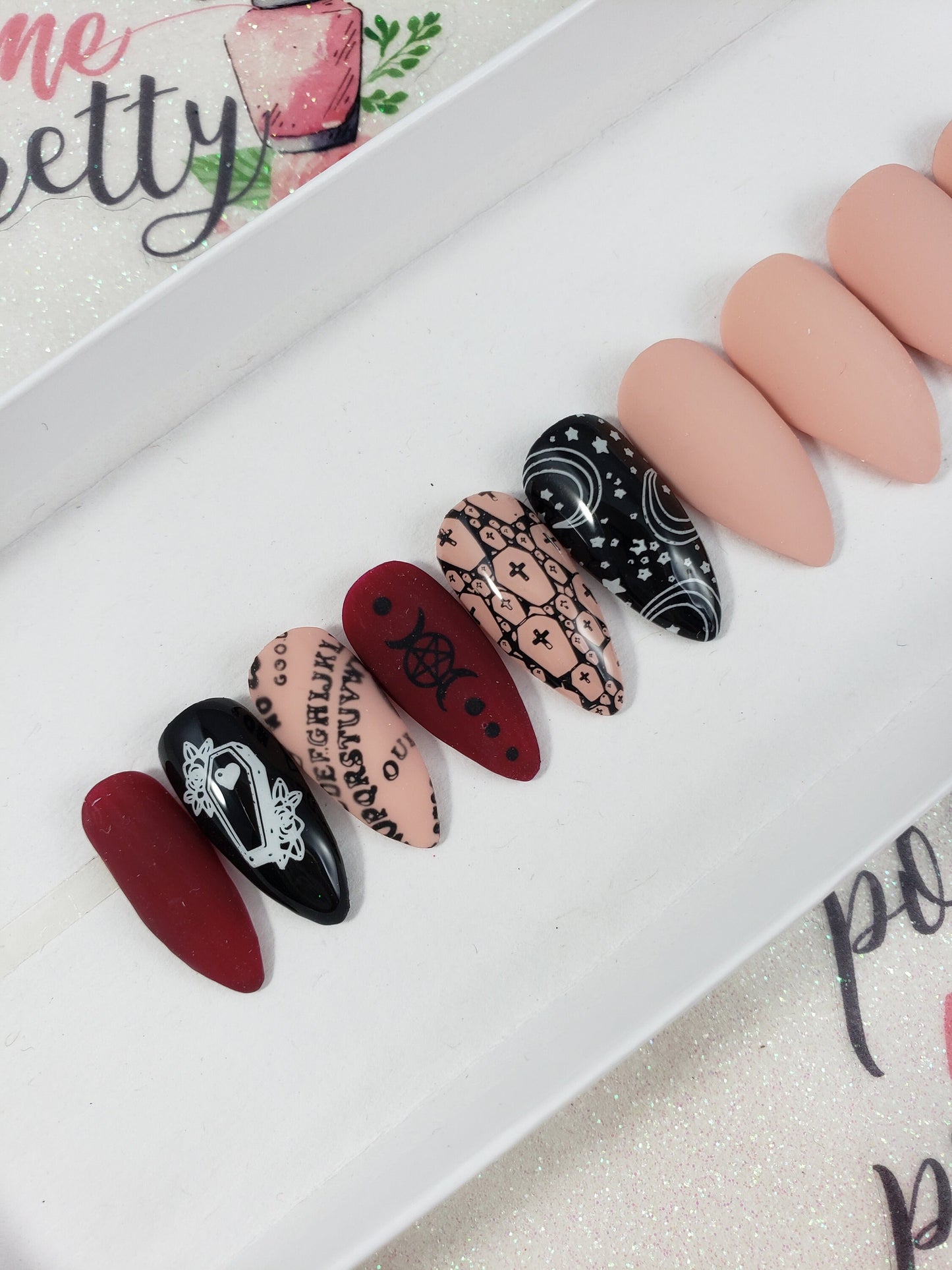 Witchy, Ouija Board, Supernatural, Halloween Nails!  Nude and Dark Red, Matte Nails Handpainted Custom False Nails Fake Nails Press On Nails