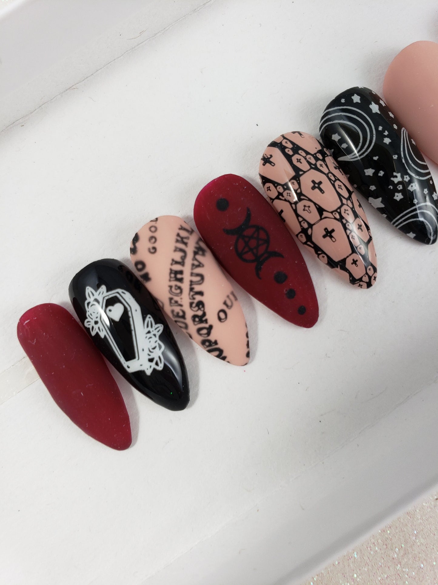 Witchy, Ouija Board, Supernatural, Halloween Nails!  Nude and Dark Red, Matte Nails Handpainted Custom False Nails Fake Nails Press On Nails