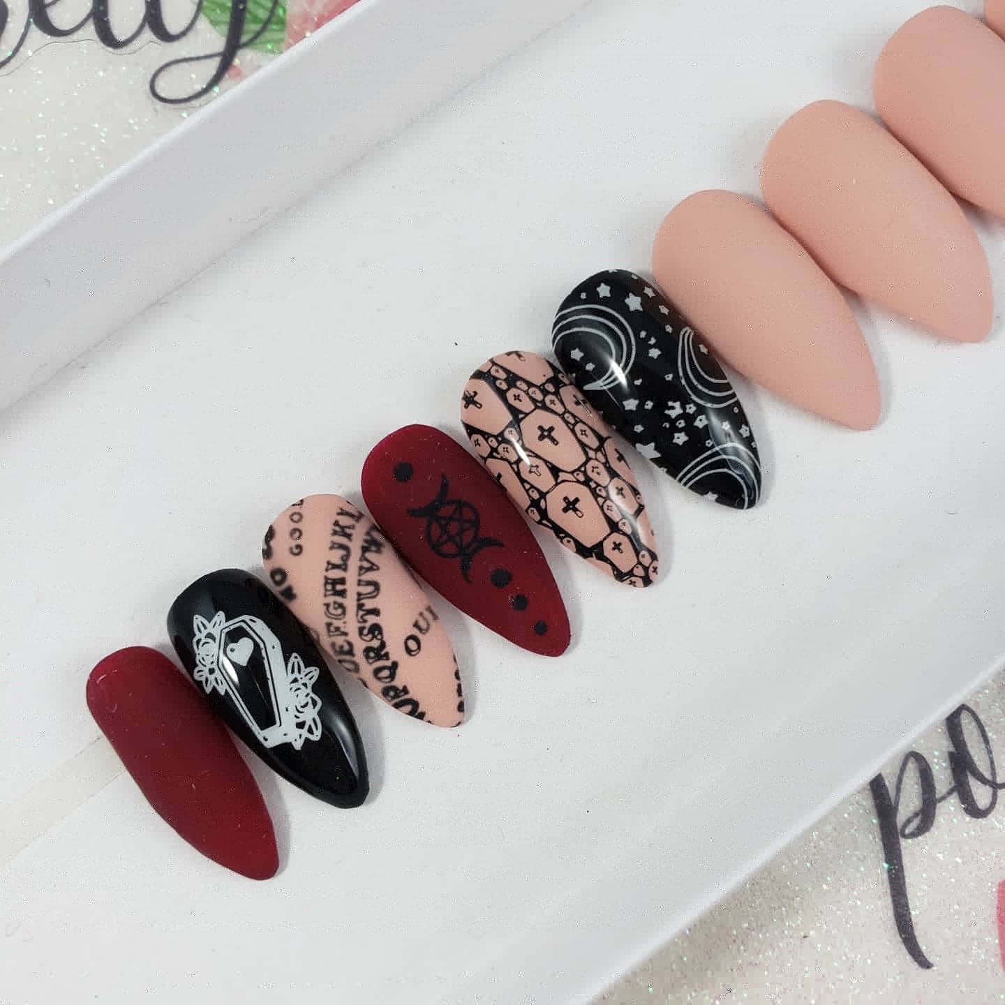 Witchy, Ouija Board, Supernatural, Halloween Nails!  Nude and Dark Red, Matte Nails Handpainted Custom False Nails Fake Nails Press On Nails