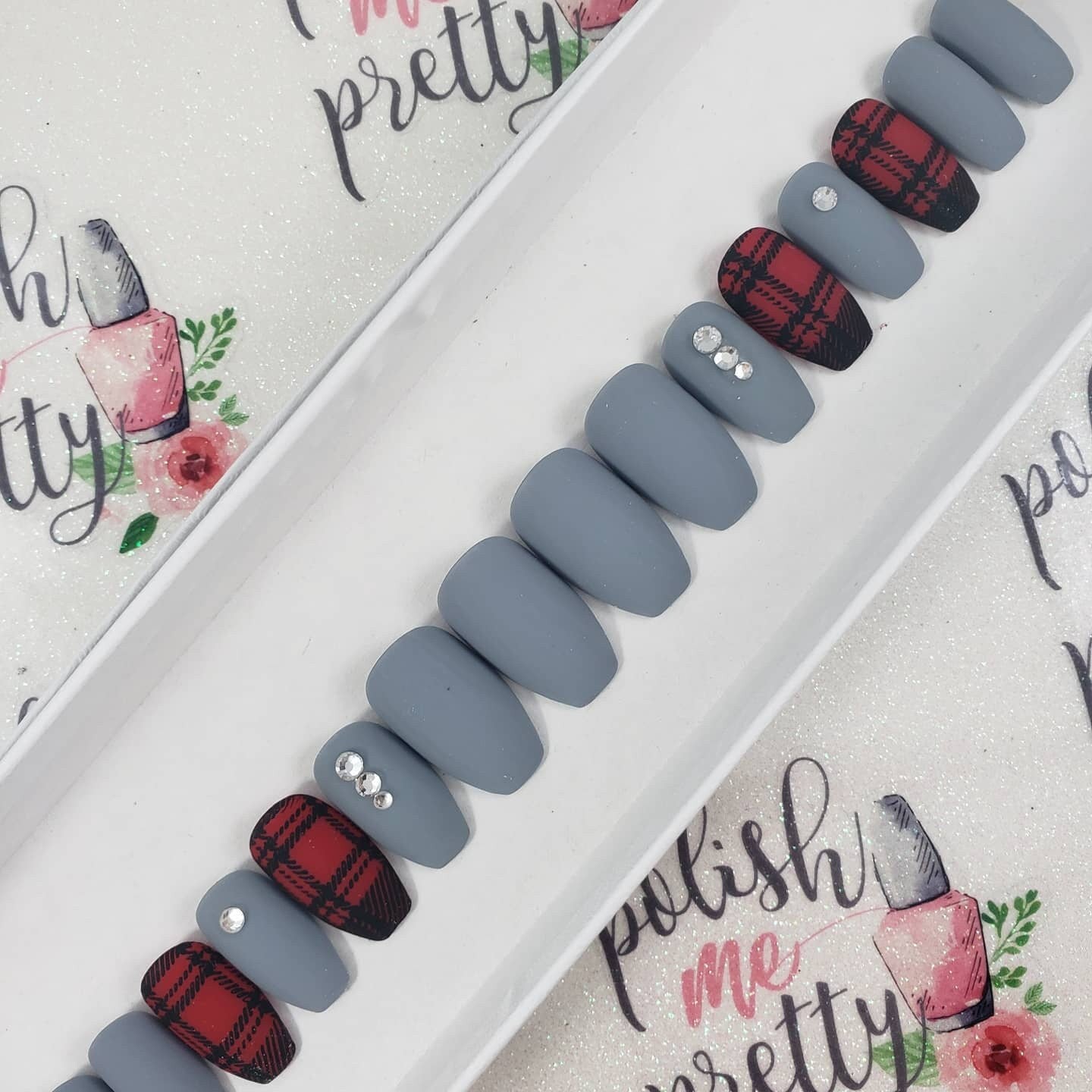 Christmas Nails!  Matte Gray and Red with Buffalo Plaid and Glitter accents!  Handpainted Custom False Nails Fake Nails Press On Nails