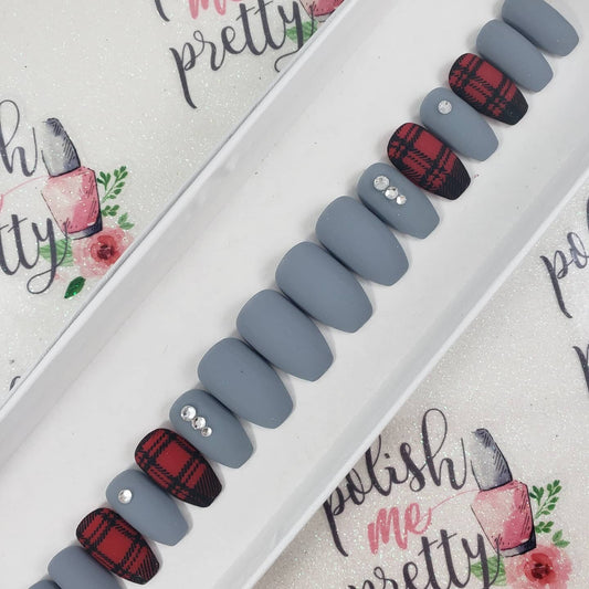Christmas Nails!  Matte Gray and Red with Buffalo Plaid and Glitter accents!  Handpainted Custom False Nails Fake Nails Press On Nails
