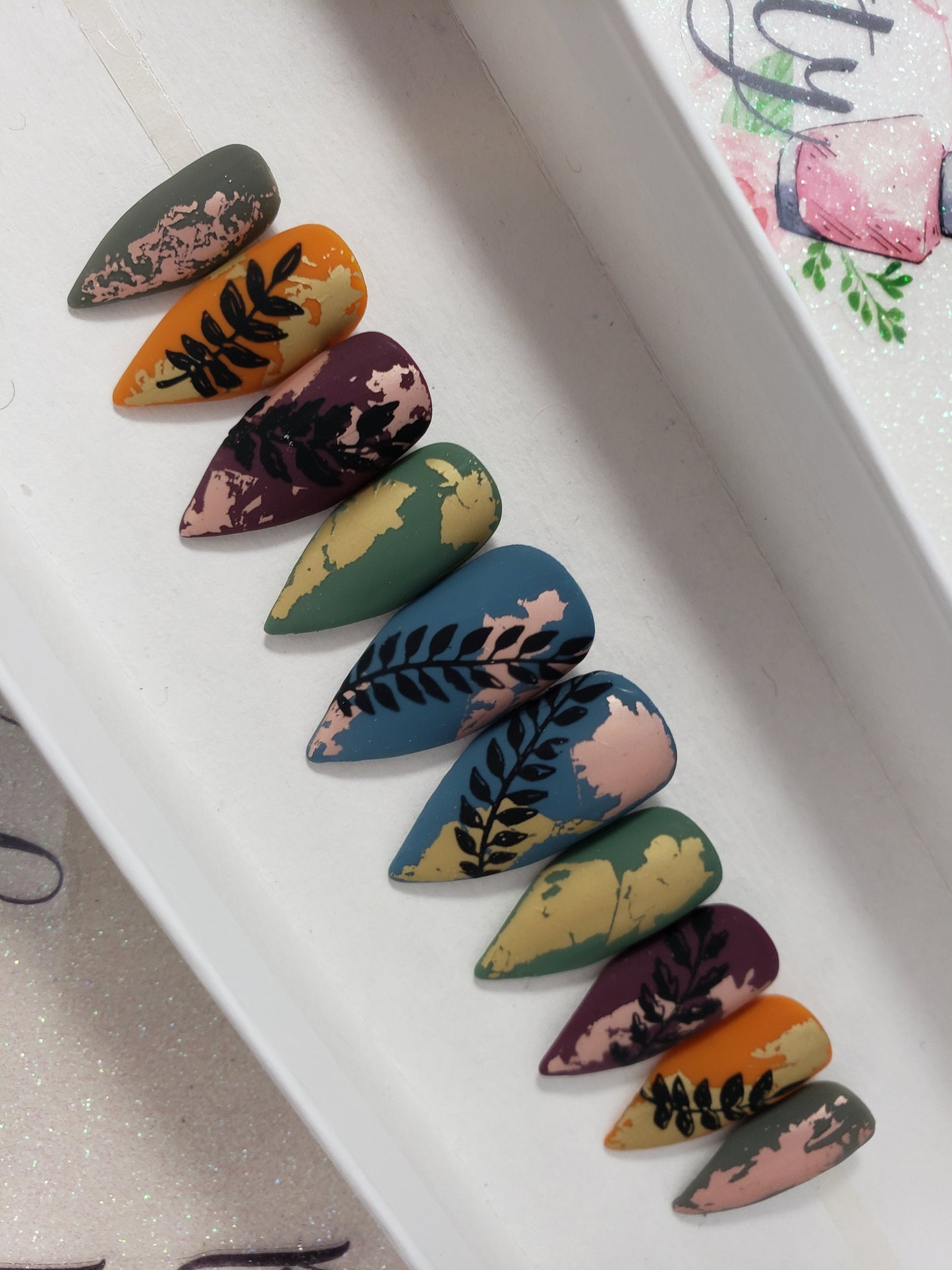 Matte Foil and Stamped Leaves, Autumn Nails, Handpainted False Fake Press On Glue On Nails