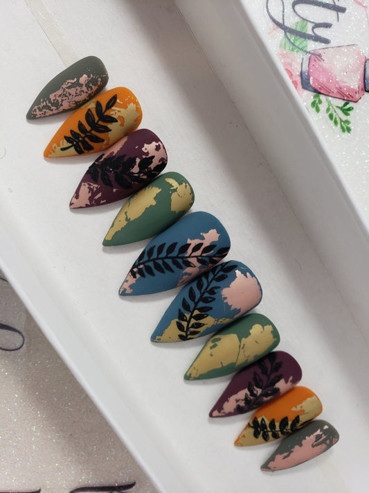 Matte Foil and Stamped Leaves, Autumn Nails, Handpainted False Fake Press On Glue On Nails