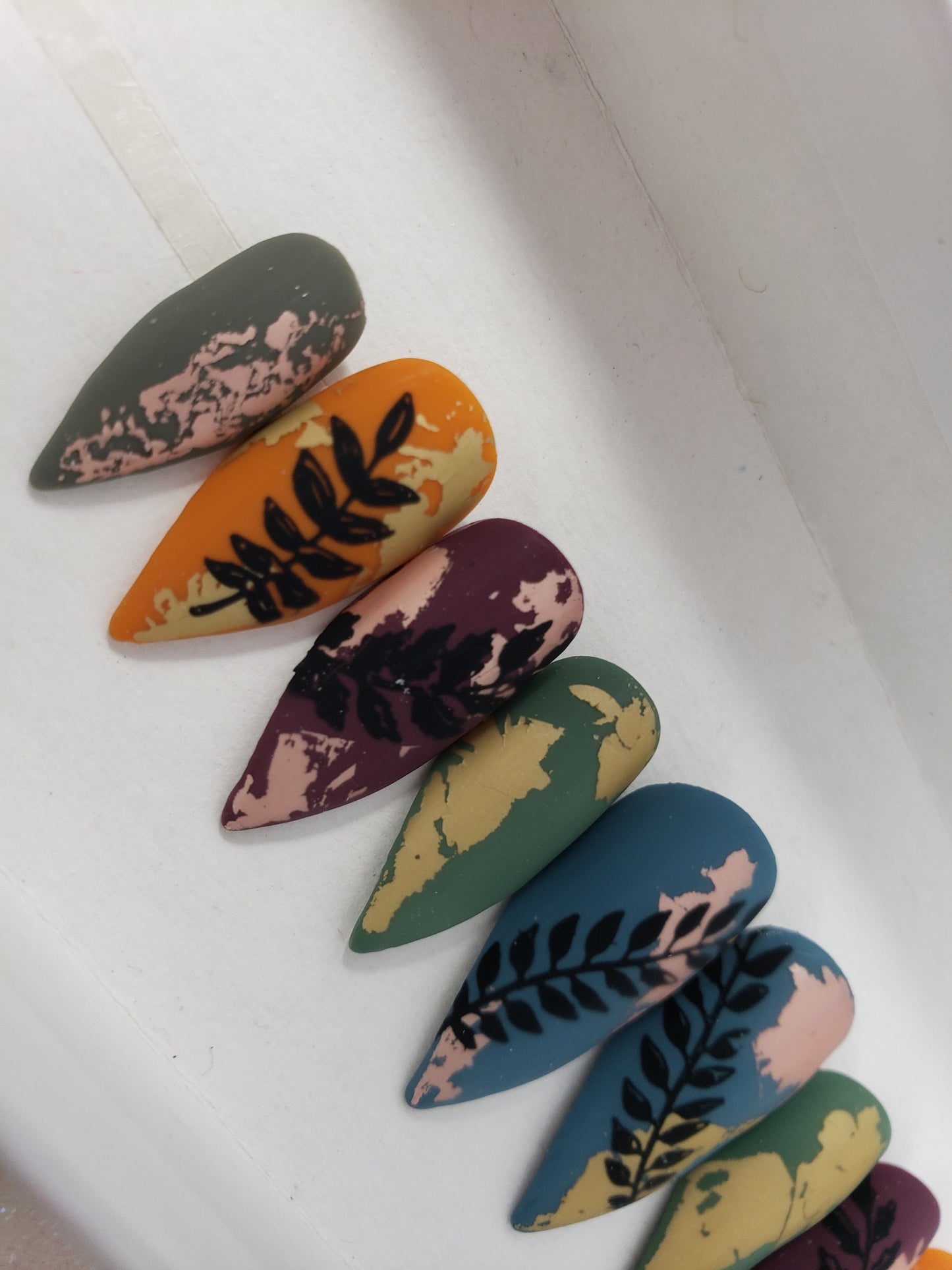 Matte Foil and Stamped Leaves, Autumn Nails, Handpainted False Fake Press On Glue On Nails