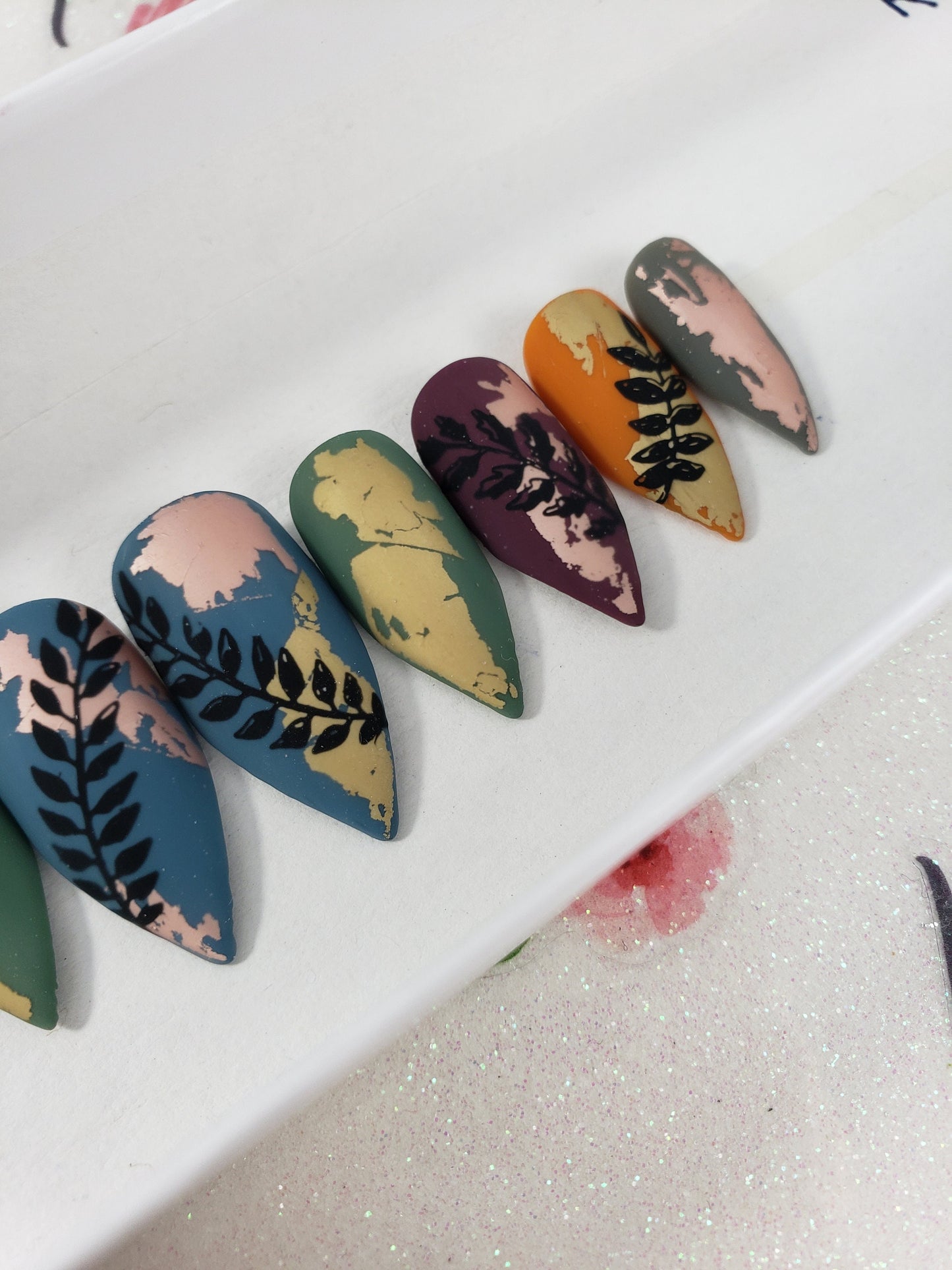 Matte Foil and Stamped Leaves, Autumn Nails, Handpainted False Fake Press On Glue On Nails