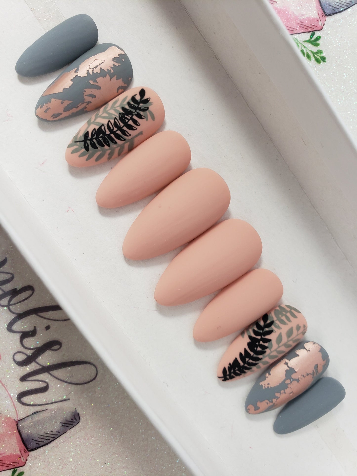 Nude and Gray, Matte Foil and Stamped Leaves, Autumn Nails, Handpainted False Fake Press On Glue On Nails