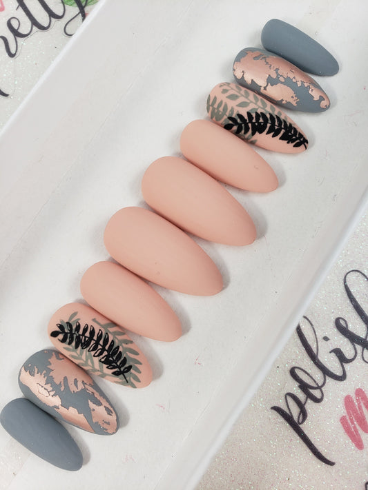 Nude and Gray, Matte Foil and Stamped Leaves, Autumn Nails, Handpainted False Fake Press On Glue On Nails
