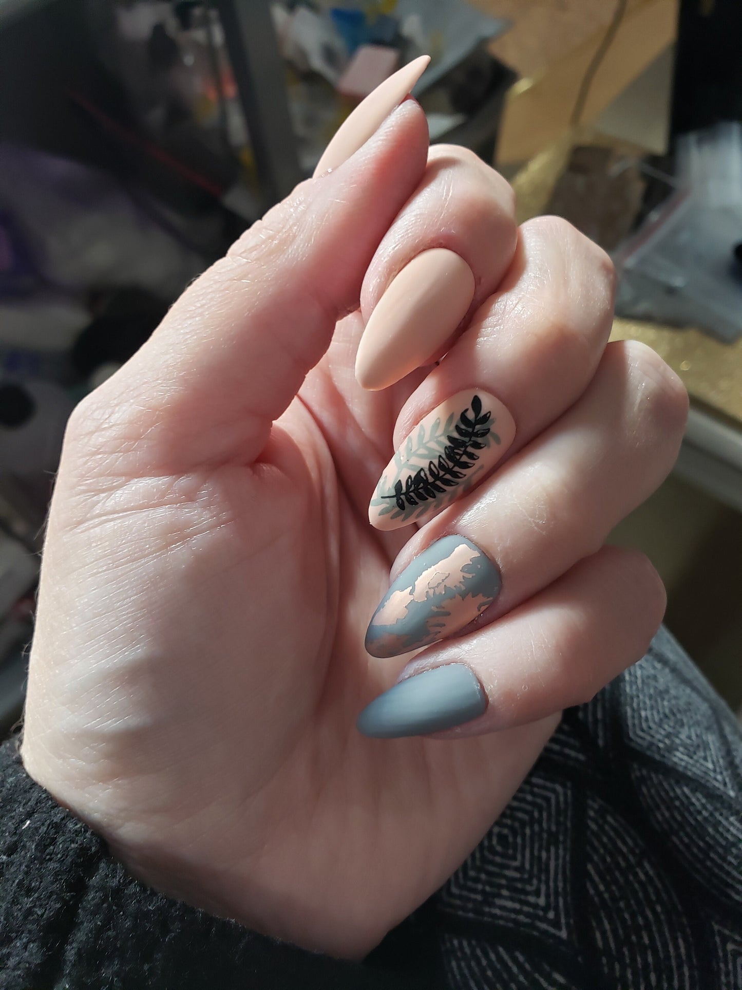 Nude and Gray, Matte Foil and Stamped Leaves, Autumn Nails, Handpainted False Fake Press On Glue On Nails