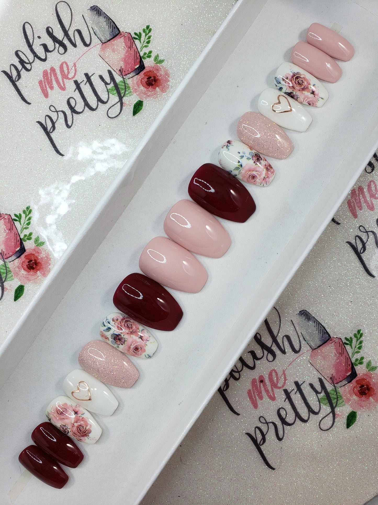 Valentine's Day Pale Pink, Dark Red and White Nails Glitter, Rose Gold Hearts and Floral . Handpainted, Accent Nails, Press On, False, Fake