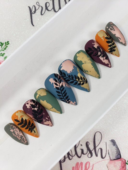 Matte Foil and Stamped Leaves, Autumn Nails, Handpainted False Fake Press On Glue On Nails