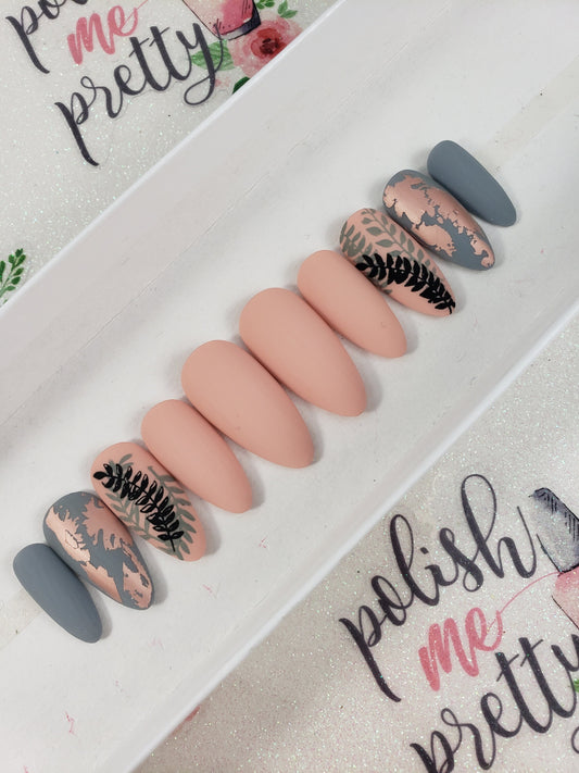 Nude and Gray, Matte Foil and Stamped Leaves, Autumn Nails, Handpainted False Fake Press On Glue On Nails