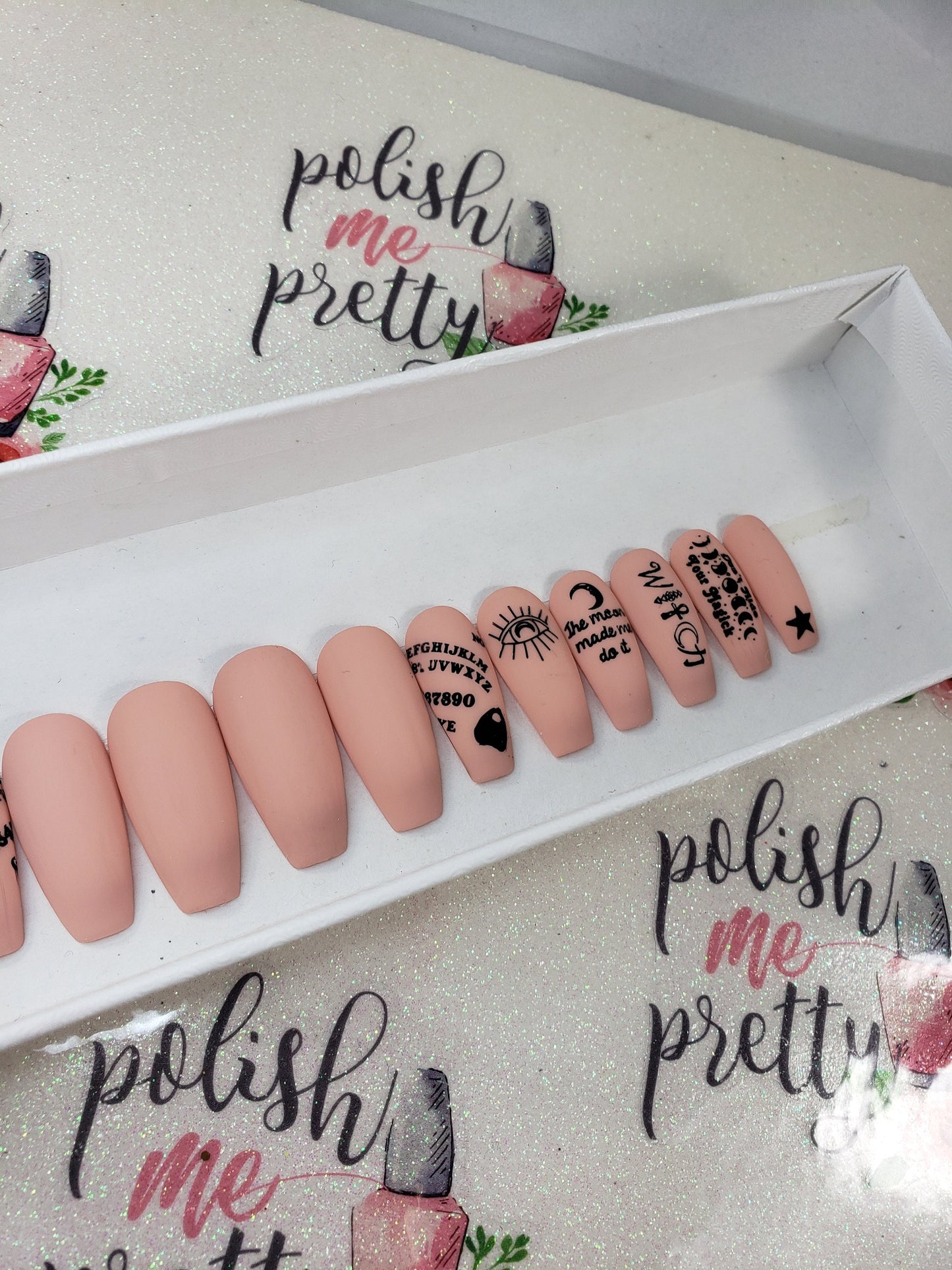 Matte Nude Witchy Design Ouija Board, Witch, Moon Made Me Do It Stamps...Handpainted Custom False Nails Fake Nails Press On Nails
