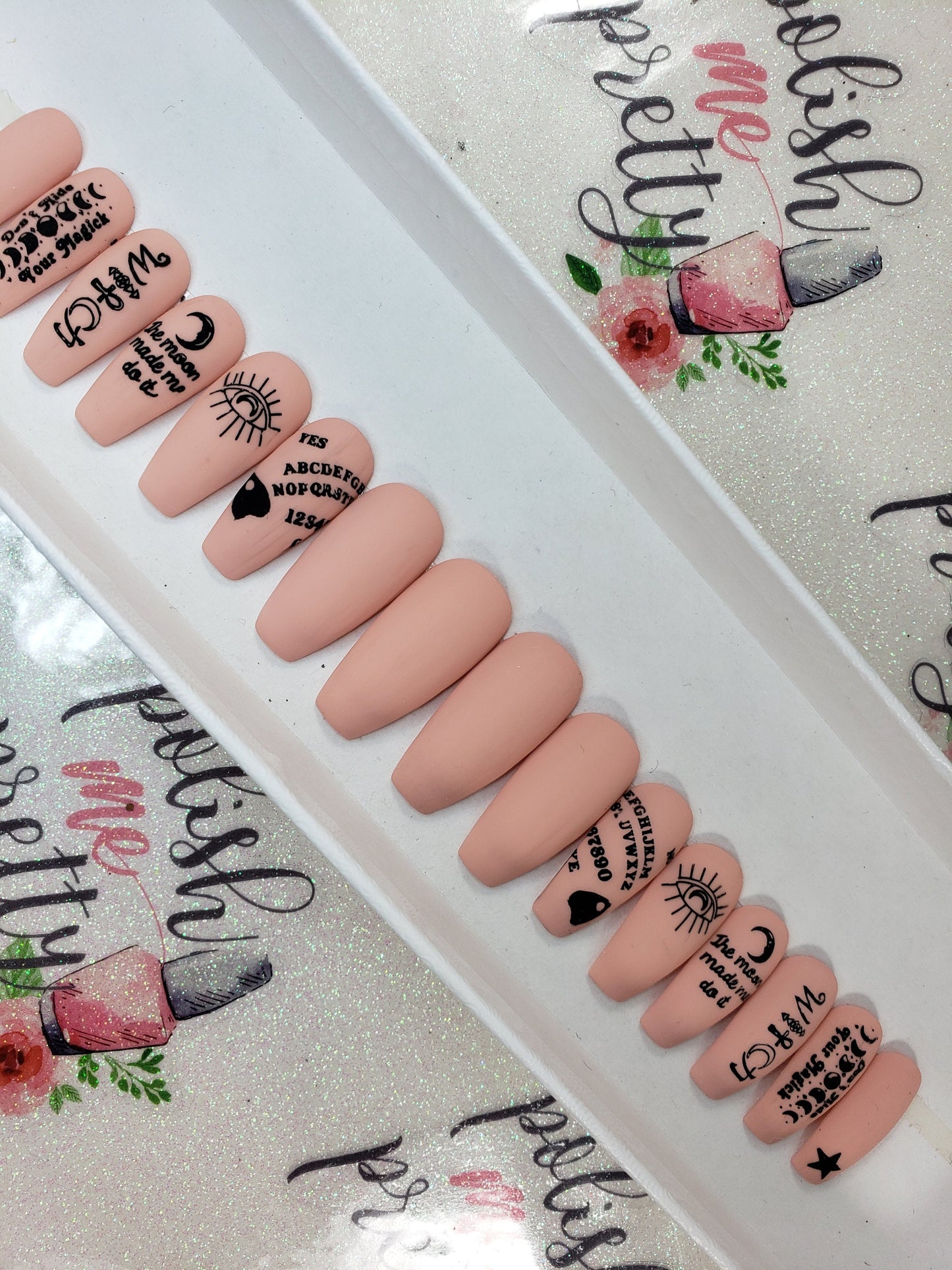 Matte Nude Witchy Design Ouija Board, Witch, Moon Made Me Do It Stamps...Handpainted Custom False Nails Fake Nails Press On Nails