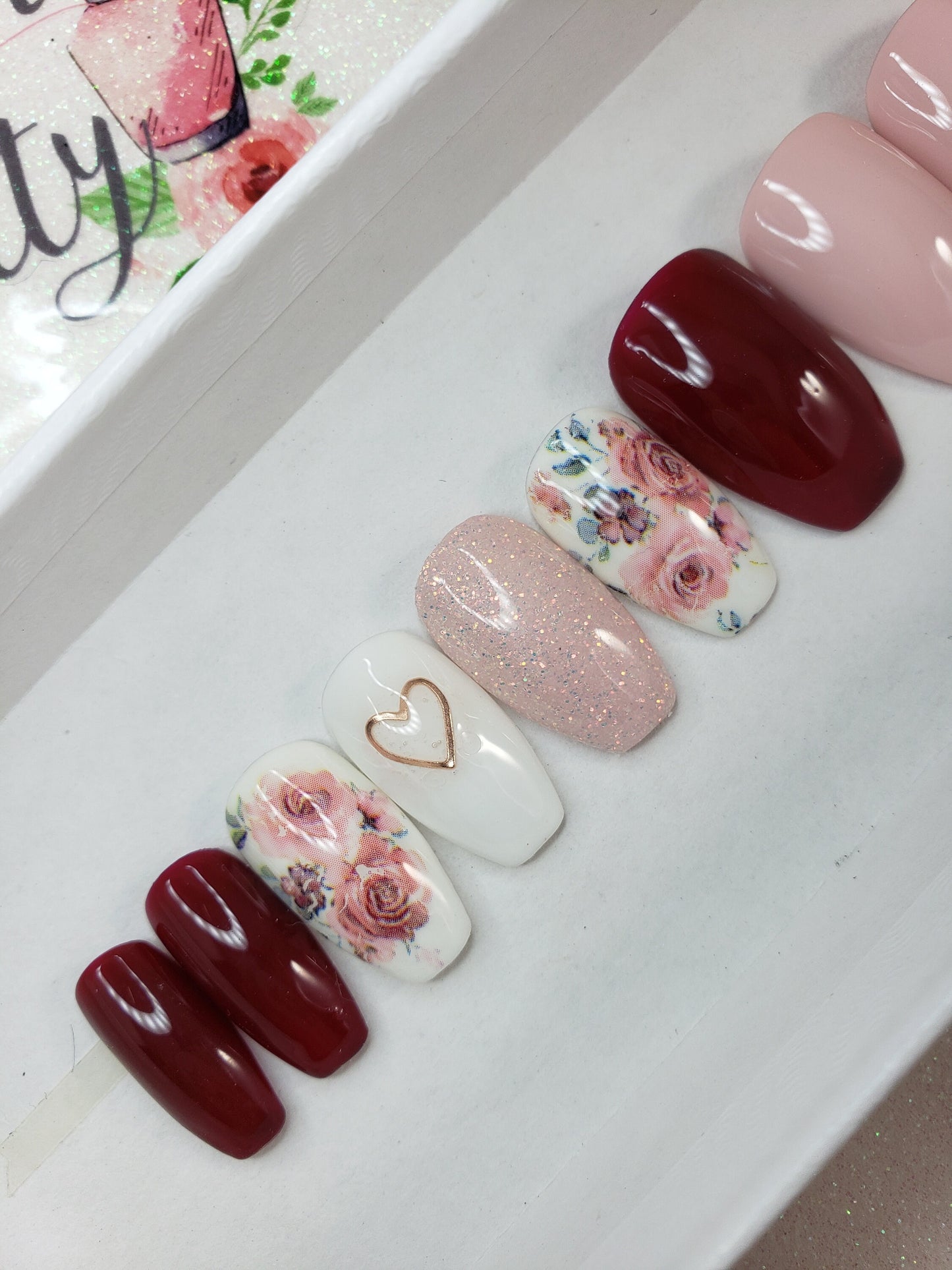 Valentine's Day Pale Pink, Dark Red and White Nails Glitter, Rose Gold Hearts and Floral . Handpainted, Accent Nails, Press On, False, Fake