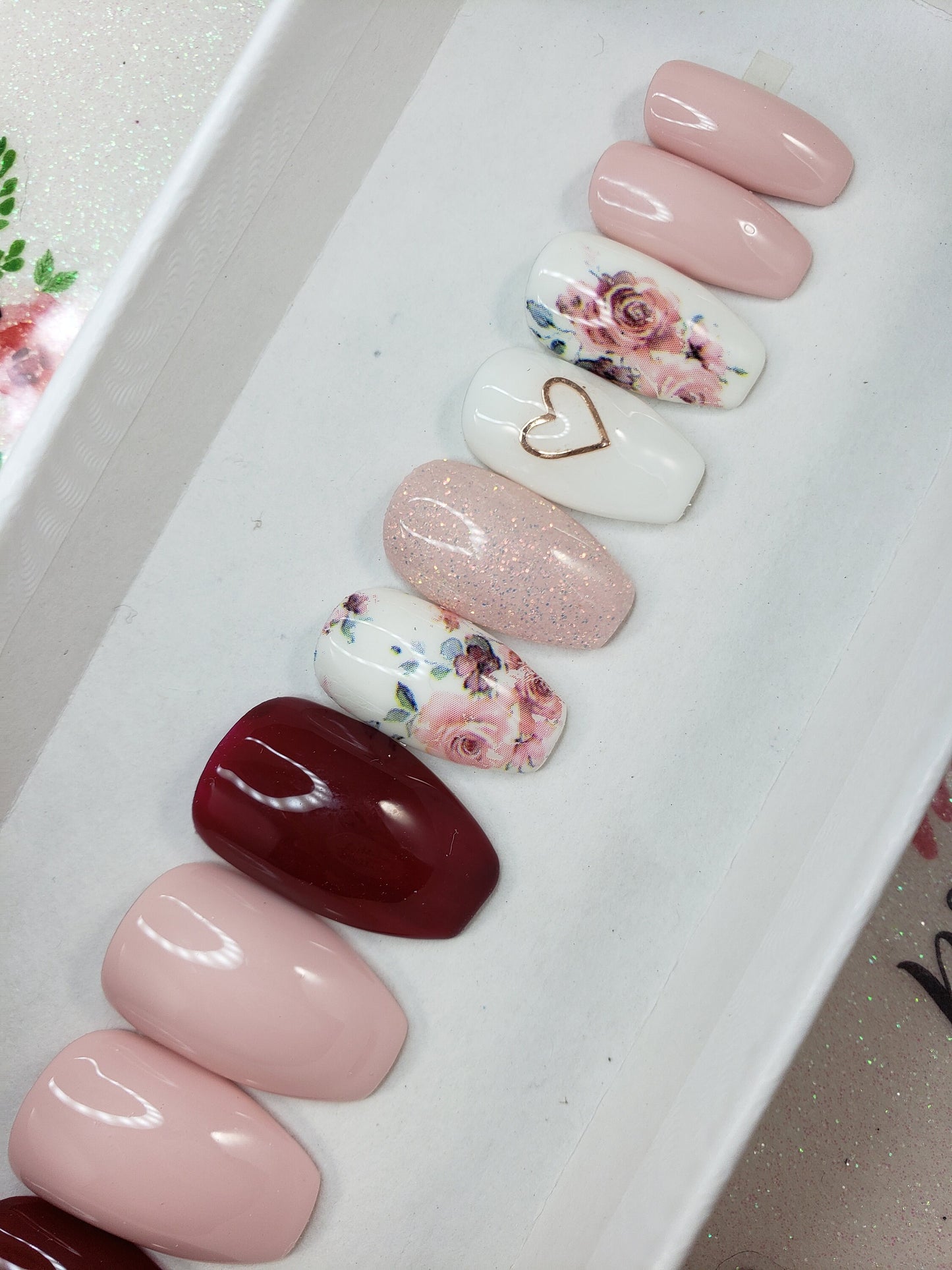 Valentine's Day Pale Pink, Dark Red and White Nails Glitter, Rose Gold Hearts and Floral . Handpainted, Accent Nails, Press On, False, Fake