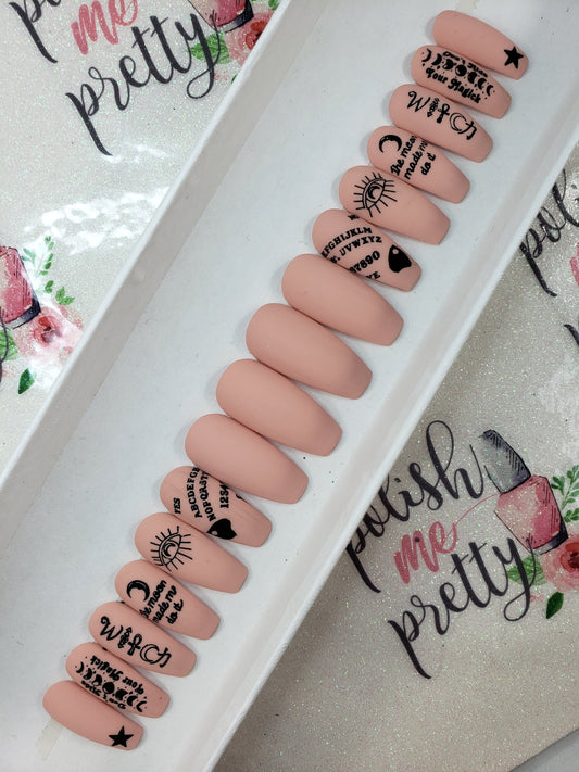 Matte Nude Witchy Design Ouija Board, Witch, Moon Made Me Do It Stamps...Handpainted Custom False Nails Fake Nails Press On Nails