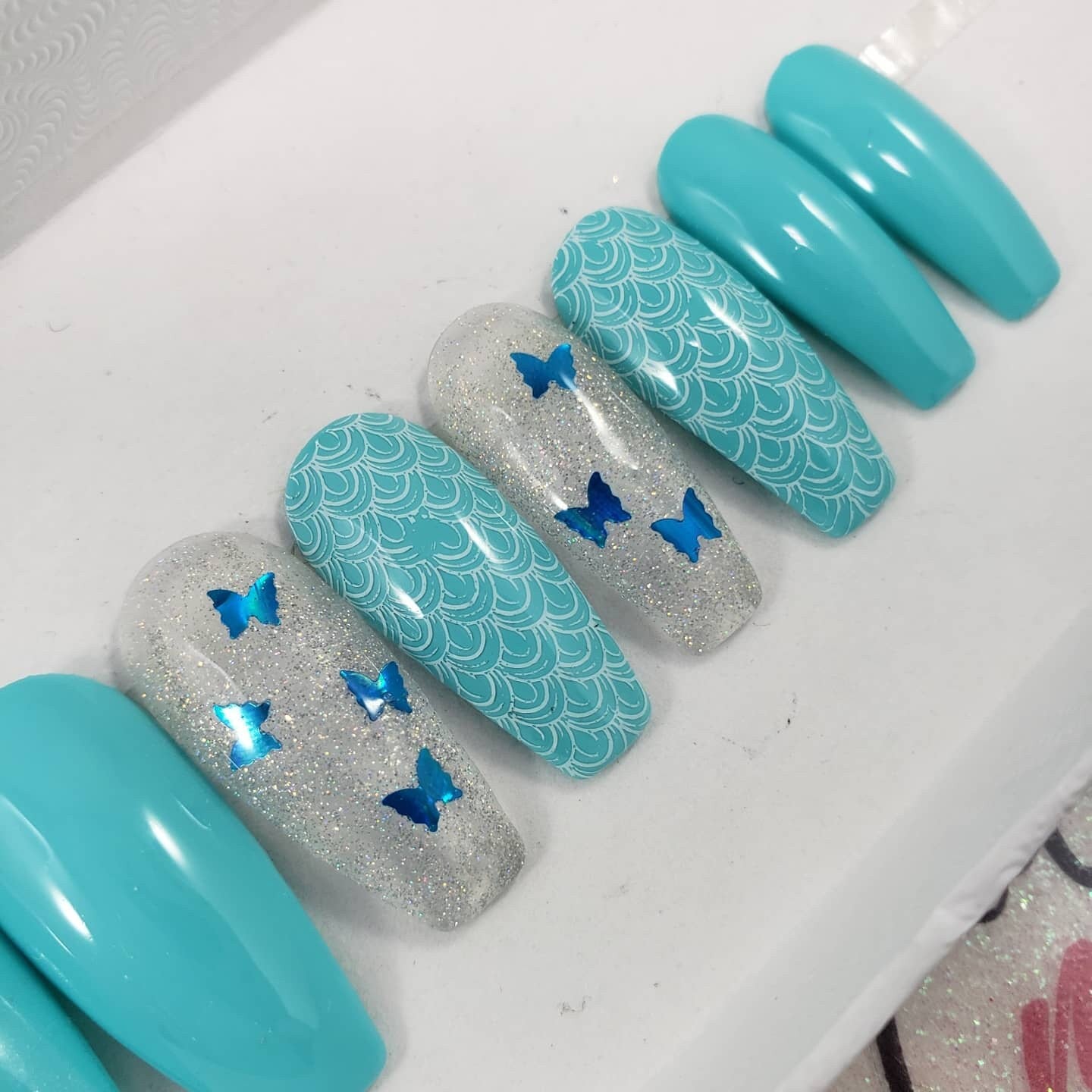 Blue Butterflies Holo Nails Summer Nail Design. CHOOSE ANY COLOURS False Fake Press On Glue On Nails