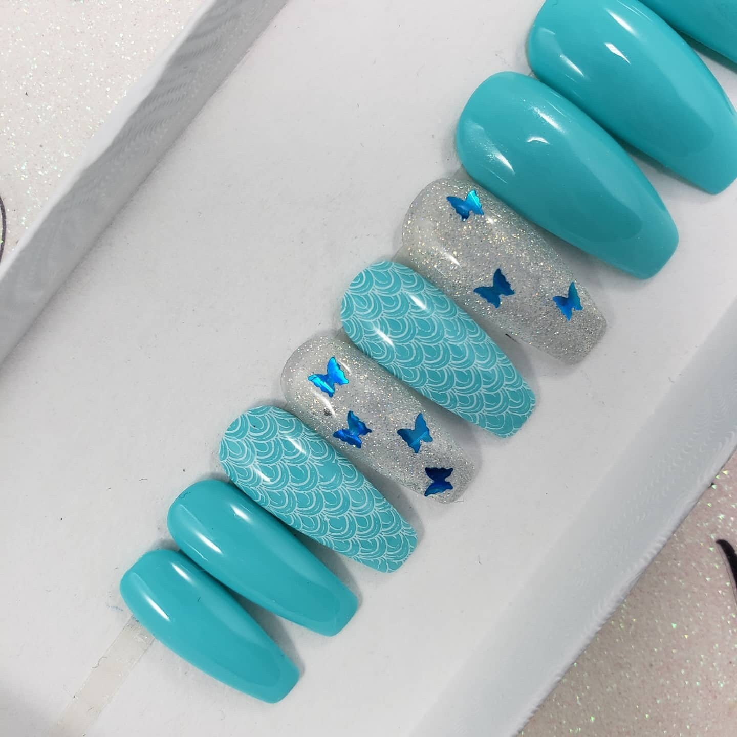 Blue Butterflies Holo Nails Summer Nail Design. CHOOSE ANY COLOURS False Fake Press On Glue On Nails