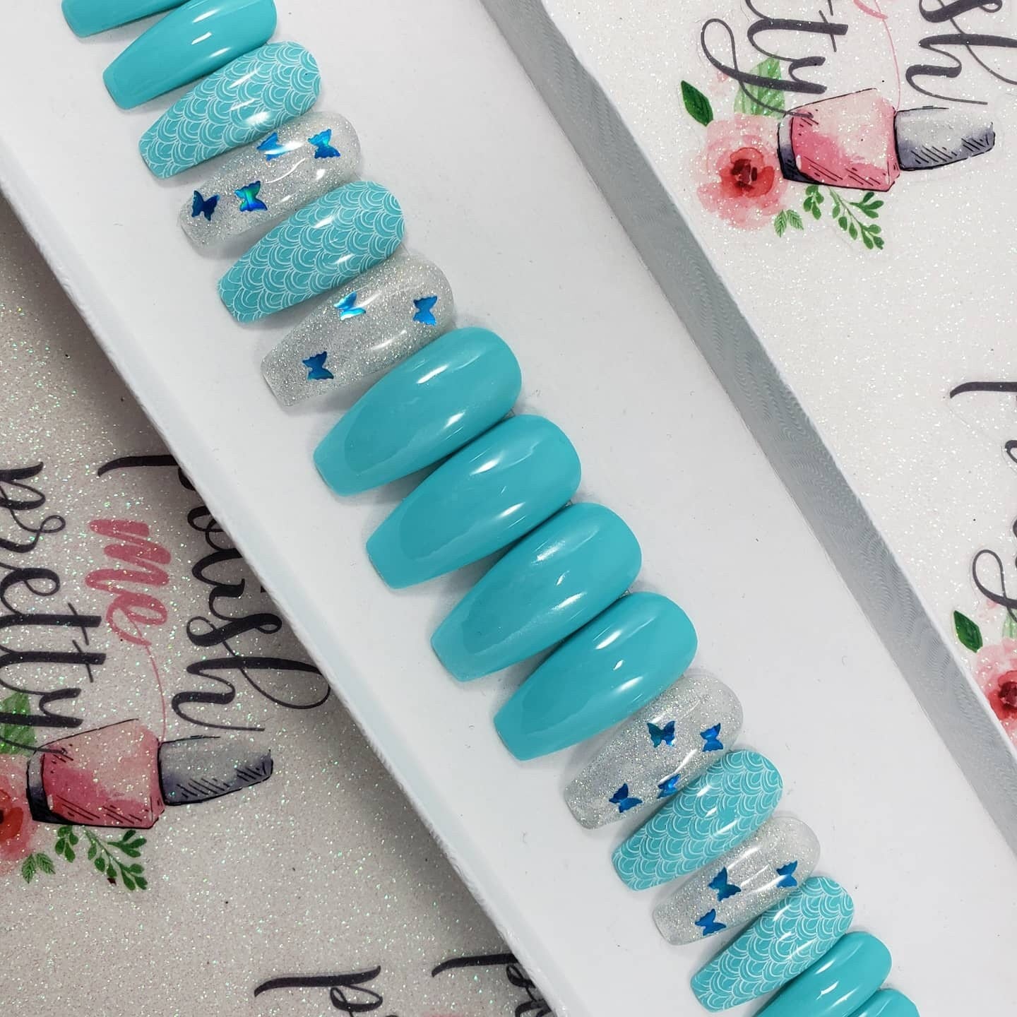 Blue Butterflies Holo Nails Summer Nail Design. CHOOSE ANY COLOURS False Fake Press On Glue On Nails