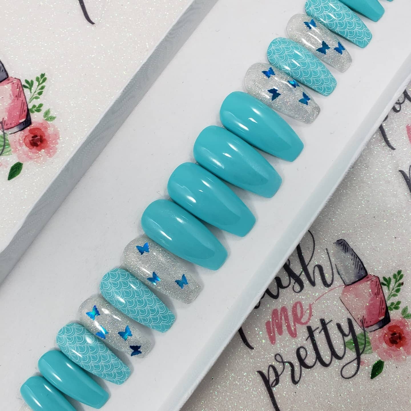 Blue Butterflies Holo Nails Summer Nail Design. CHOOSE ANY COLOURS False Fake Press On Glue On Nails