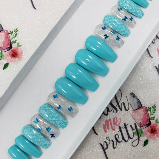 Blue Butterflies Holo Nails Summer Nail Design. CHOOSE ANY COLOURS False Fake Press On Glue On Nails