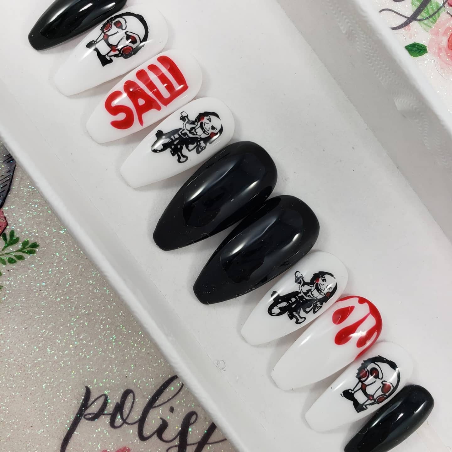 Horror Movie Nails, Puzzle Guy, Billy, Tricycle, Blood Drips...Press On Nails,  False, Fake Nails Glue Ons