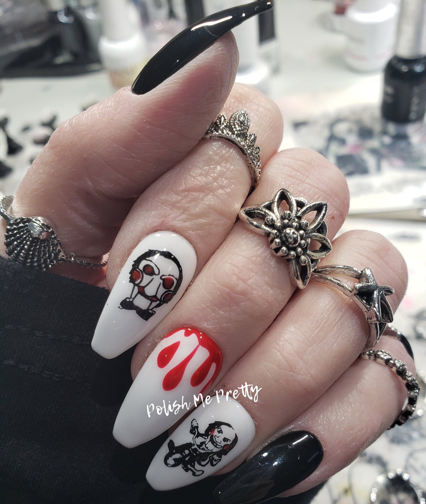 Horror Movie Nails, Puzzle Guy, Billy, Tricycle, Blood Drips...Press On Nails,  False, Fake Nails Glue Ons