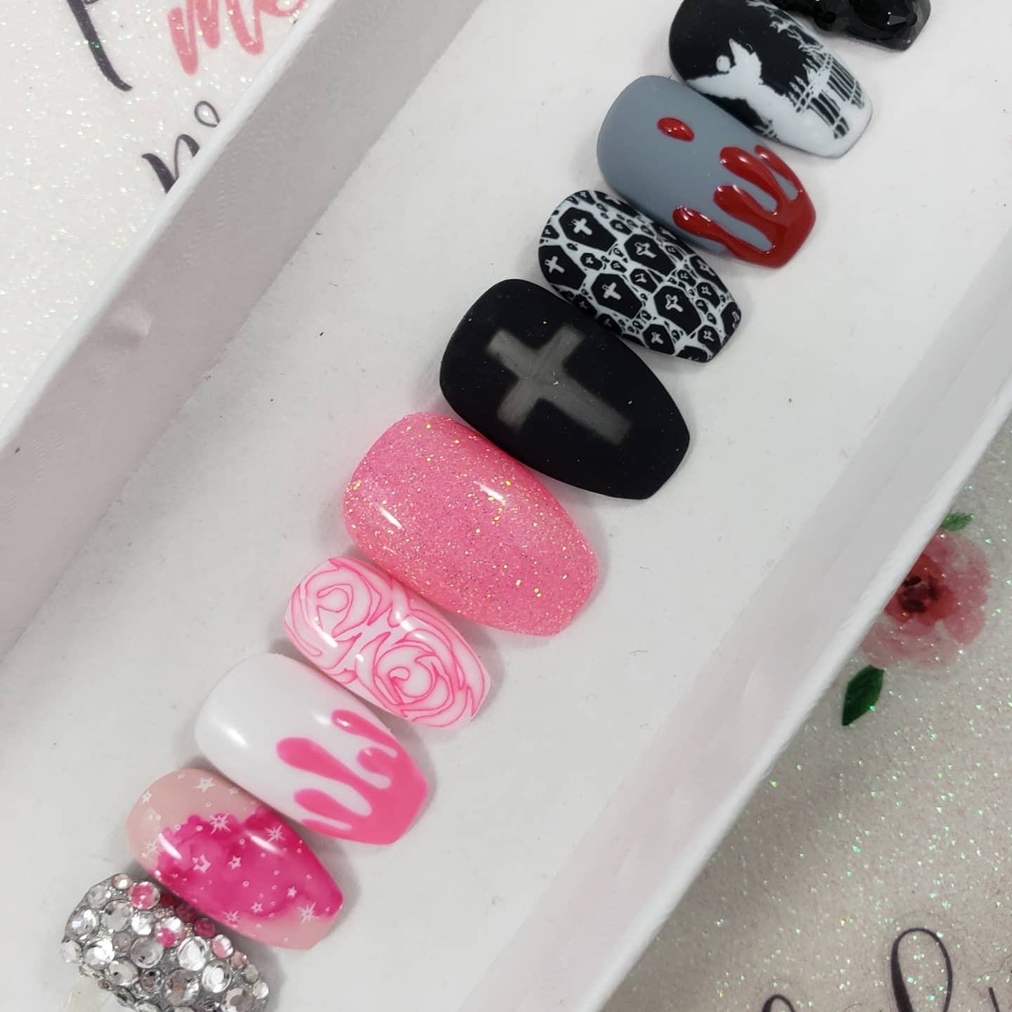 Good VS Evil Goth, Ice Cream, Blood Drip Nails, Rhinestone Nails, Press On Nails,  False, Fake Nails Glue Ons