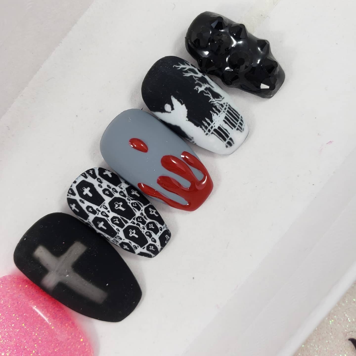 Good VS Evil Goth, Ice Cream, Blood Drip Nails, Rhinestone Nails, Press On Nails,  False, Fake Nails Glue Ons