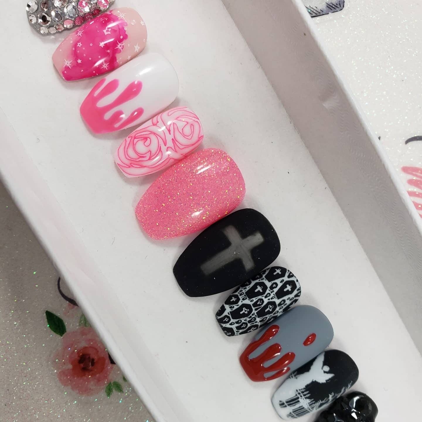 Good VS Evil Goth, Ice Cream, Blood Drip Nails, Rhinestone Nails, Press On Nails,  False, Fake Nails Glue Ons