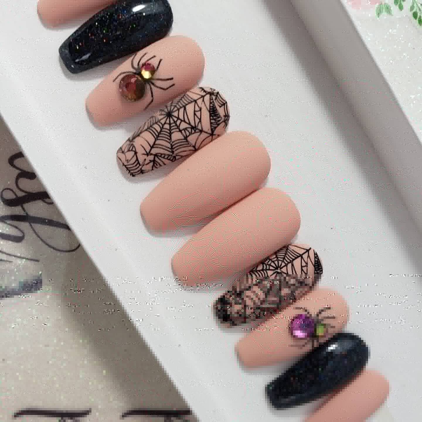 Rhinestone Spider Webs, Nude Halloween Glitter Nails ..Press On Nails,  False, Fake Nails Glue Ons