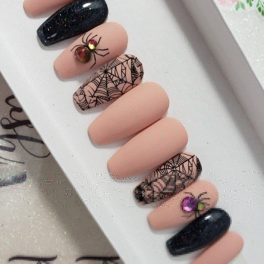 Rhinestone Spider Webs, Nude Halloween Glitter Nails ..Press On Nails,  False, Fake Nails Glue Ons