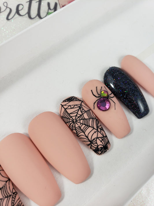 Rhinestone Spider Webs, Nude Halloween Glitter Nails ..Press On Nails,  False, Fake Nails Glue Ons