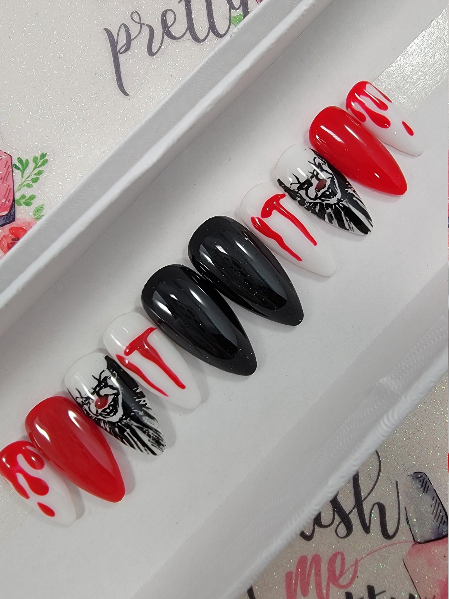 Horror Movie Nails, It, Horror Clown Angry Clown Pennywise...Press On Nails,  False, Fake Nails Glue Ons