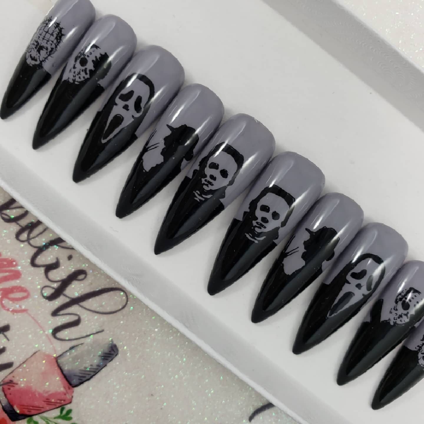 Horror Movie Nails, Jason, Freddy, Michael, GF, Pinhead Silhouettes..Press On Nails,  False, Fake Nails Glue Ons