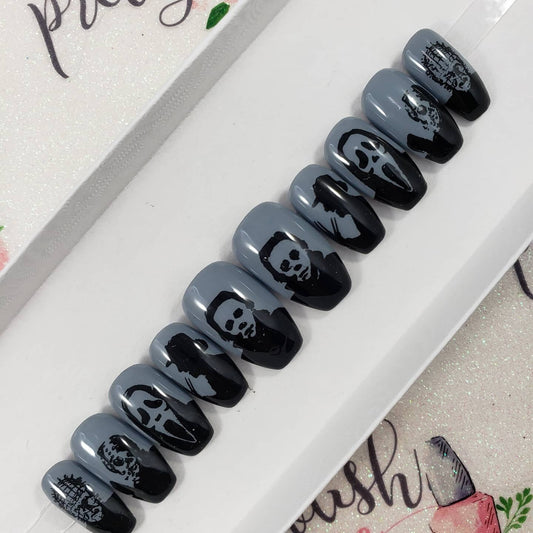Horror Movie Nails, Jason, Freddy, Michael, GF, Pinhead Silhouettes..Press On Nails,  False, Fake Nails Glue Ons